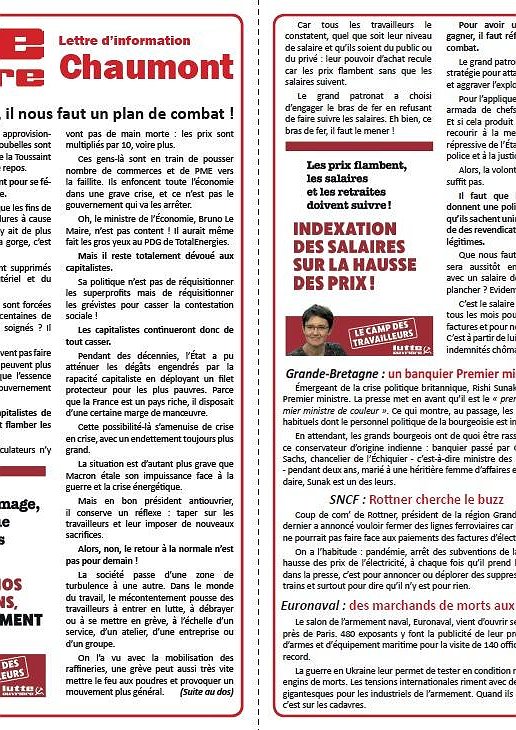 Illustration - Lettre d'information Lutte ouvrière Chaumont (mercredi 26 octobre 2022)